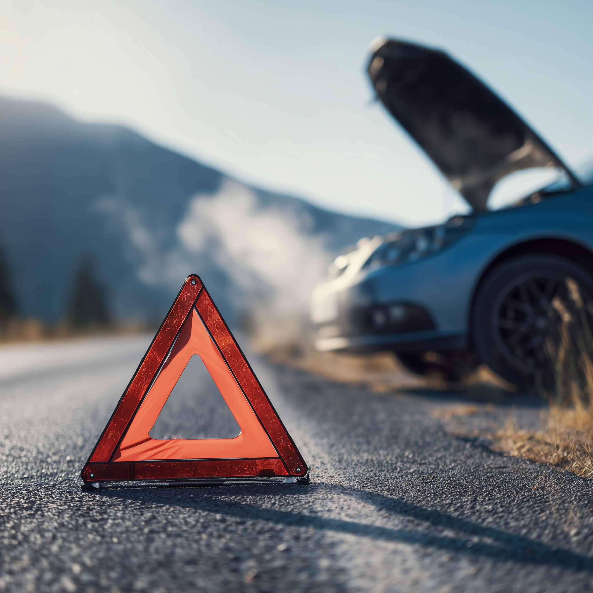 A close up of a warning triangle as a car sits with its hood open in the background